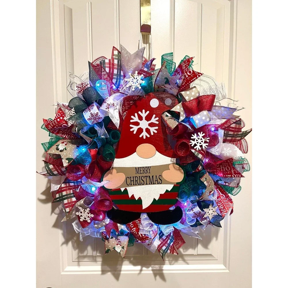 Christmas Snowflake Gnome Holiday Ribbon Door Wreath Handmade 22 ins LED W10
